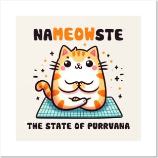 Nameowste The State Of Purrvana Funny Yoga Cat Posters and Art